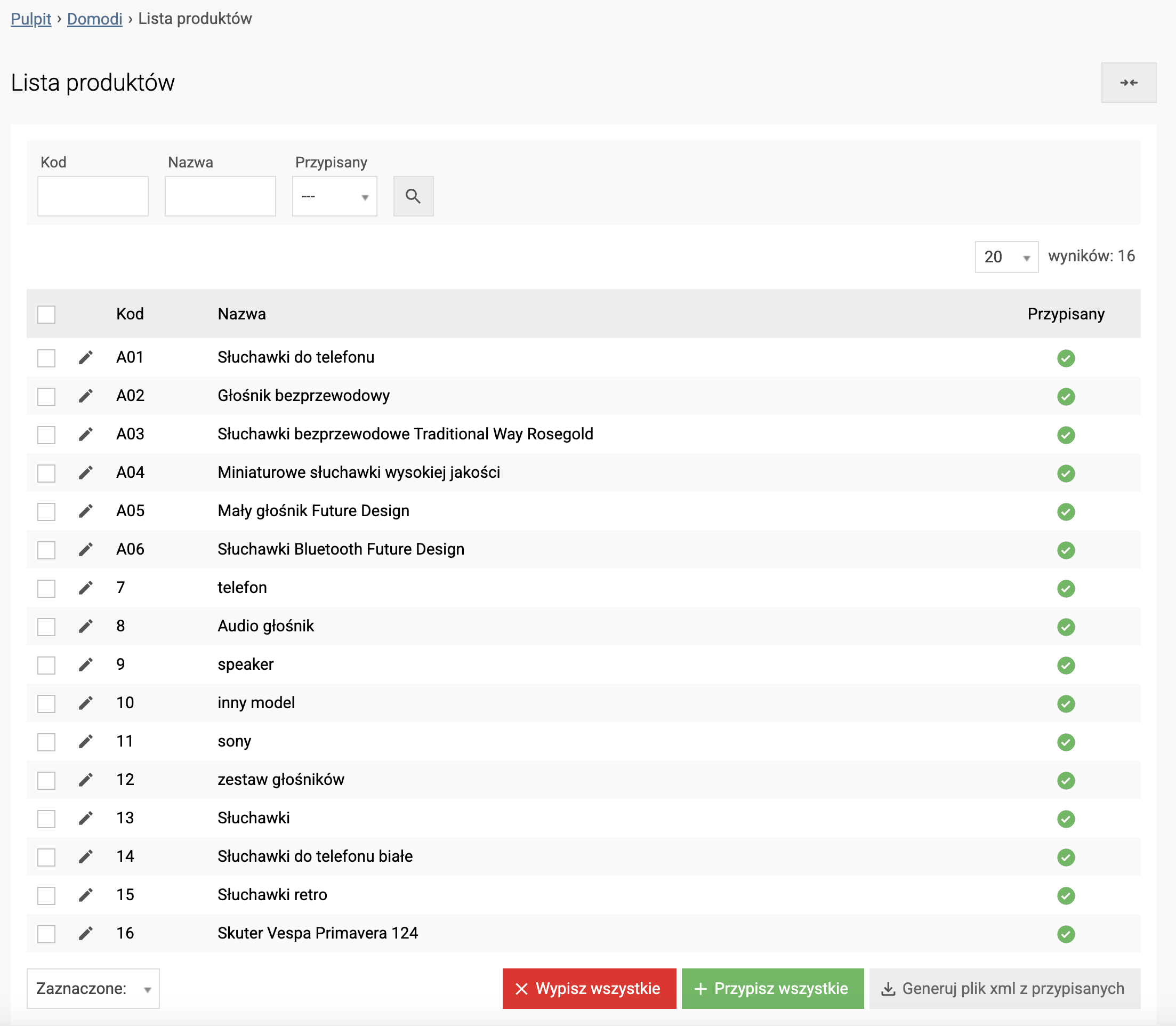 Wybierz produkty ze sklepu do wysłania do Domodi